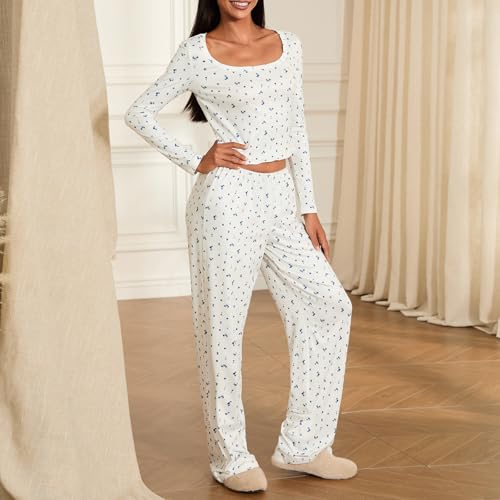 Image of Women 2 Piece Lounge Set Y2k Long Sleeve Square Neck Floral Tops+elastic Waist Long Pants Sleepwear Sets