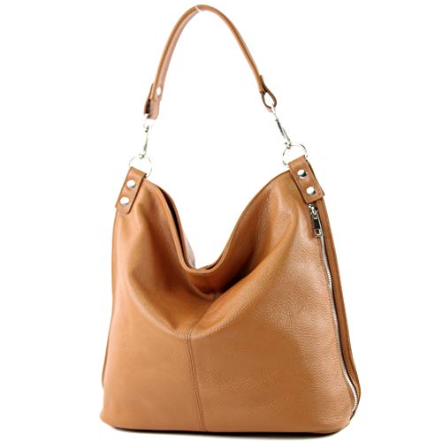 modamoda de - T177 - ital. Damen Schultertasche aus Leder, Farbe:Camel