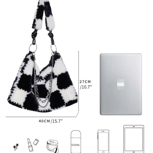 Fluffy Shoulder Bag Plaid Plush Underarm Bag Y2K Fuzzy Chain Crossbody Bag for Women Winter3