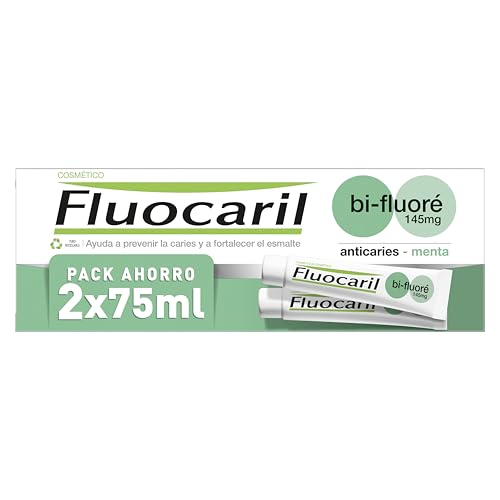 Fluocaril Bi-Fluoré 145 mg Pasta Dentífrica Anticaries Menta Esmalte Reforzado, Dientes Fuertes, Eficacia Clínicamente Probada, Aliento Fresco Pack de 2x75 ml