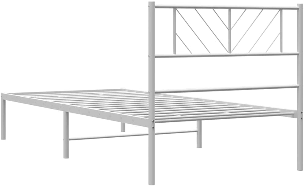 vidaXL Twin XL Metal Bed Frame with Headboard and Stable Slats, Under Bed Storage Space, Sturdy Steel Construction and Easy Assembly, Minimalist Style, White, 12'' High, Without Mattress