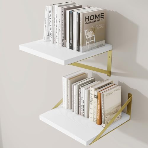 12" Deep Wall Shelves with Gold Metal Brackets, 12" Wide, White, 2pcs