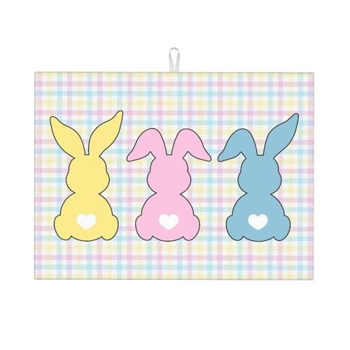 Easter Bunny Dish Drying Mats for Kitchen Counter, Colourful Rabbit Buffalo Plaid Dish Mat, Absorbent Microfiber Dish Drying Pad, Kitche Mat Dish Drainer Rack Mats for Coffee Bar 18"x24"