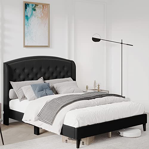 Homhougo Queen Size Bed Frame, Upholstered Platform Bed With Wingback Headboard, Heavy Duty Button Tufted Bed Frame With Wood Slat Support, Easy Assembly, No Box Spring Needed, Black #TOP5