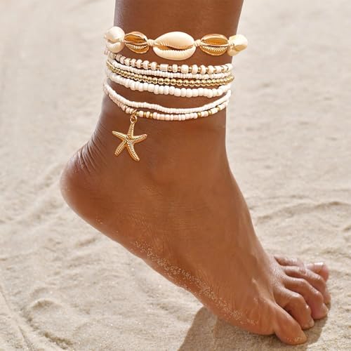 Image of Shell Anklets Bracelet for Women Waterproof Surfer Starfish Bracelet Puka Shell Anklet Colorful Boho Stack Stretch Bead Bracelet Set Hawaii Summer Beach Vacation Foot Jewelry