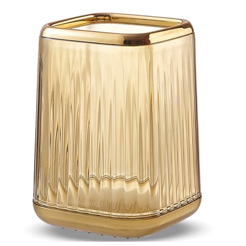 Yoohailor Acrylic Pen Holder Cute Clear Gold Desk Organizer for Pencils Makeup Brushes Toothbrushes with Striped Design for Vanity Bathroom Storage Cup