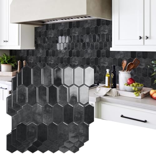 Vamos Tile Upgraded Thicker Design Peel and Stick Backsplash Tile, 10-Sheet Shiny Black with Dark Grey Grout Long Hexagon Self Adhesive Wall Tiles Stick On Backsplash for Kitchen Bathroom RV Fireplace