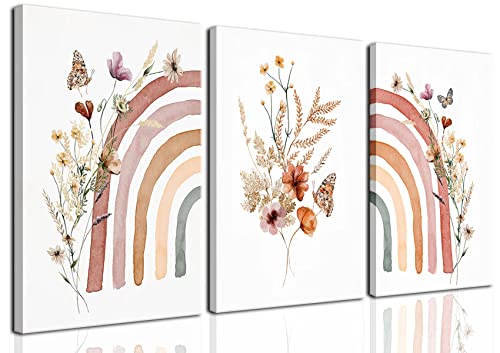 Image of AKWISH Boho Wall Decor Set of 3, Rainbow Canvas Wall Art Paintings Prints, Cute Boho Wildflowers Posters Nursery Wall Decor for Kids Room Baby Room Classroom Bedroom Decor 12x16 in Framed