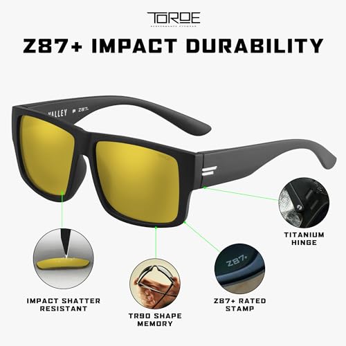 Image of TOROE VALLEY Z87+ Sunglasses, Matte Black | Polarized, TR90, Anti-Glare Polycarbonate, ANSI Safety Rated, White Emblem | Gold