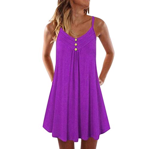 JIANGfu Women Summer Spaghetti Strap Sleeveless Short Mini Dress, Ladies Casual Loose Double Breasted Plain Shift Dress Beach Dress