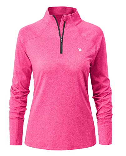 YSENTO Women's Long Sleeve Running Sports Tops Lightweight Gym Walking Zip Up Golf Polo T-Shirt(Rose Red,S)