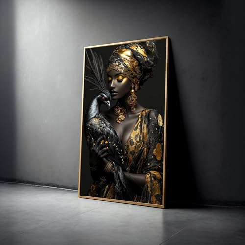 XINBAO Cuadro de mujer africana con pájaro, retrato en oro y negro, decoración étnica para el hogar, lámina de lujo con animales (70x130cm/marco interior).