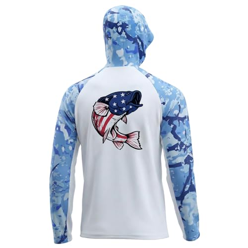 LOOGU Men's UPF 50+ Sun Protection Hoodie Shirt Long Sleeve Rash Guard SPF T-Shirts for Fishing Hiking Ocean Camo Flag Bass 3X-Large