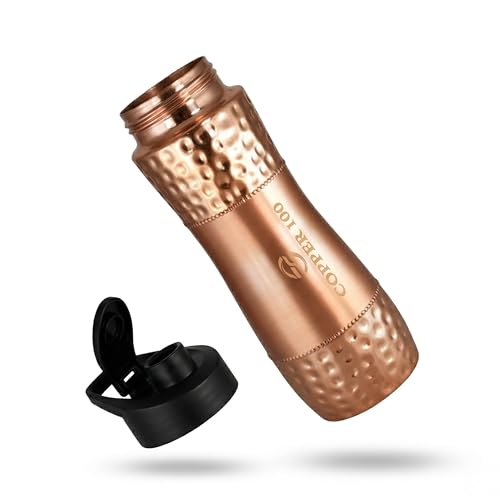 Image of VIRGIN Foodgrade 99.9% Pure Copper Water Bottle- Leakproof, Joint Free, No Lead, BPA-Free - Ayurvedic Health Benefits- Made in India - Spout Mouth (NO Straw) Hammered Glossy Finish (950 mL)