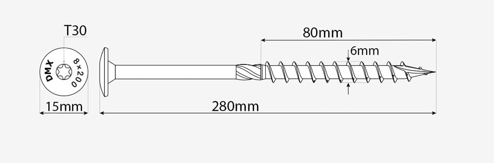 6mm x 280mm 'D' High Performacne Yellow Hardened Wafer Head Torx Wood Timber Construction Screw Sleepr Screws with Flat Head Carpenter Screws (Pack of 20) J06-J09ABC - Image 2