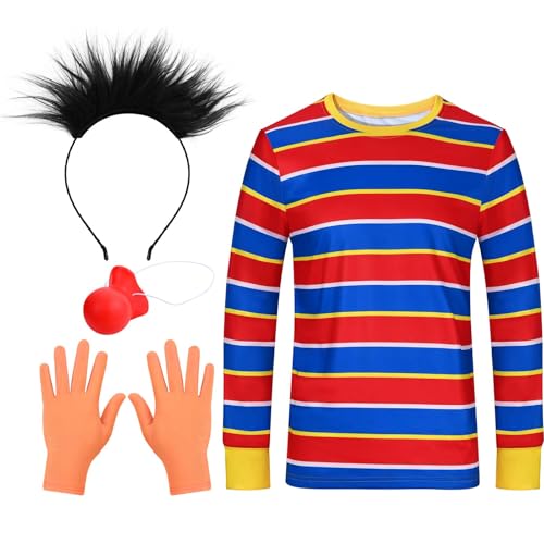 Halloween Cartoon Costume Striped Shirt Gloves Fake Nose Hairy Headband for Halloween Adult Men Cosplay (S)