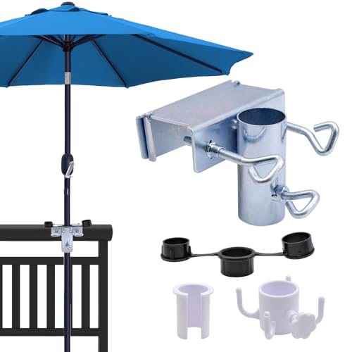 Griwuut Sonnenschirm Balkon Halterung Einstellbar, Sonnenschirmhalter, Balkongeländer mit Haken, Sonnenschirmständer für Balkon, Terrasse, Geländer, Geeignet für maximale Breite 5cm