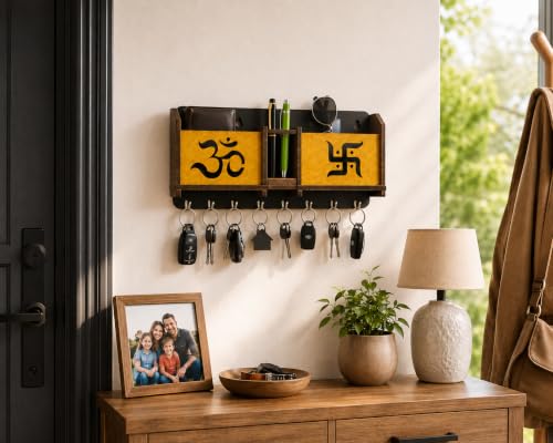 Image of Wooden Om Design TV Remote Mobile Stand Key and Pen Holder for Home, Office, Hall, Living Room Pocket Pen Special Designer Home Furnishing Two Box Wall Mounted Wall Keys Holder