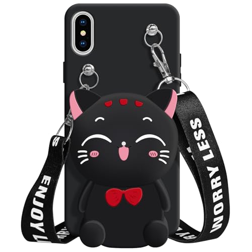 SGVAHY Funda tipo cartera para iPhone X/Xs con correa de cordón, monedero de gato negro, divertida funda de teléfono Kawaii de silicona suave a prueba de golpes para mujeres y niñas