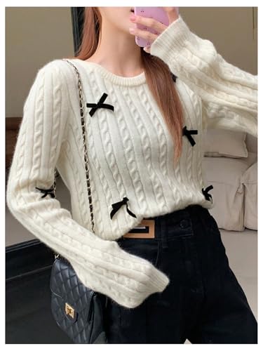 Image of BEAUDRM Women's Bow Decor Cable Knit Sweaters Crew Neck Long Sleeve Pullover Tops White Large
