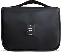 Nécessaire Organizadora de Viagem com Gancho – Bolsa Dobrável Impermeável com Divisórias para Higiene Pessoal, Maquiagem, Cosméticos – Unissex Compacta (PRETA)