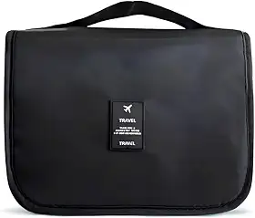 Nécessaire Organizadora de Viagem com Gancho – Bolsa Dobrável Impermeável com Divisórias para Higiene Pessoal, Maquiagem, Cosméticos – Unissex Compacta (PRETA)