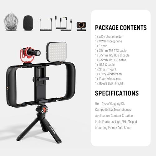 Image of NEEWER Basics Vlogging Kit with Phone Cage Rig Microphone LED Fill Light Tripod Compatible with iPhone, Youtuber Starter Content Creator Essential for YouTube TikTok Streaming Video Recording, PA055