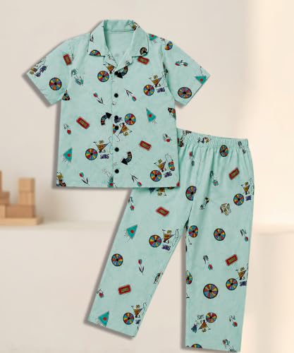 Image of 3BROS Unisex Pure Cotton Short Sleeve Kids Night Dress for Boys & Girls Nightwear /Sleepsuit /Sleepwear /Loungewear Night Suit for Boys and Girls Top and Pyjama Combo Set