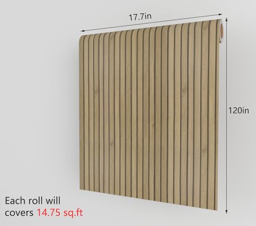 Decotalk Wood Slat Wallpaper Peel and Stick Wood Contact Paper 17.7\"x120\" Wood Slat Wall Panel Wallpaper Removable Brown Slat Wood Wallpaper for Bedroom Slat Wood Contact Paper for Cabinets Slat Look