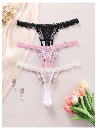 Image of RoseSeek Women's 3 Packs Butterfly Embroidery Thongs Lace Sheer Low Rise Panty Underwear