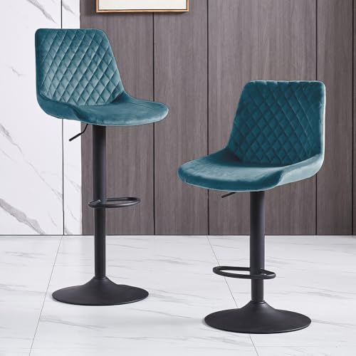 Height Adjustable Bar Stools Set of 2- Velvet Exterior Teal Breakfast Barstools with Black Paint Steel Gas Lift and Footrest for Home Kitchen, Pub, Island Counter, Outdoor (Teal)