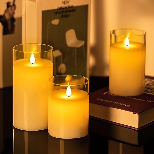 Da by Flameless Candles with Glass Effect H 10/12.5/15 cm Set of 3 Drip-Less Real Wax Pillars Include Realistic Dancing LED Flames and 10-Key Remote Control with 24-Hour Timer Function - Image 4