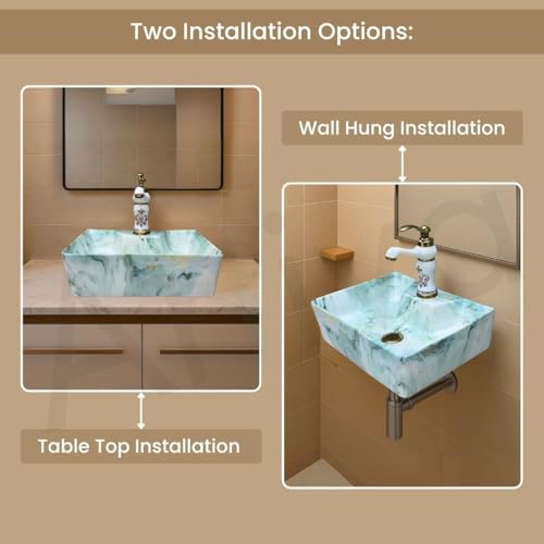 Image of Artiva Designer Ceramic Table Top Wash Basin For Bathroom /Green Wall Mounted Bathroom Sink /Wall Hung Washbasin /Wash Basin For Cabinet, Countertop, Vanity (Osian Green 16 x 12 x 5 Inch)