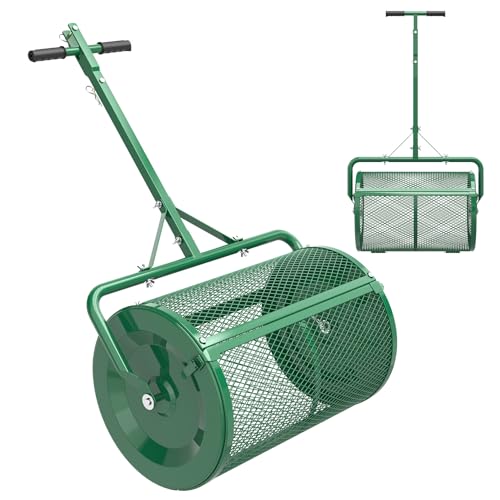 Seeutek Compost Spreader, 24" Peat Moss Spreader with 3 Heights, Top Soil Spreader W/Upgraded Side Latches Support Rod Powder Coated Metal Mesh Top Dressing Spreader for Lawn, 2 Way Uses-Push or Tow