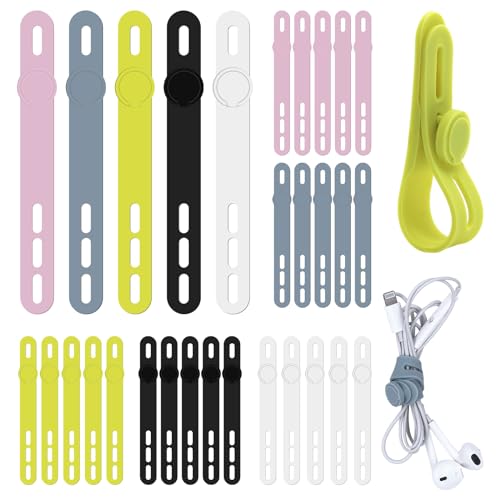 AIMEKE 30 PCS Attache de Câble en Silicone Réutilisable - Bande Élastique pour Regrouper et Fixer des Câbles (5 Couleurs)