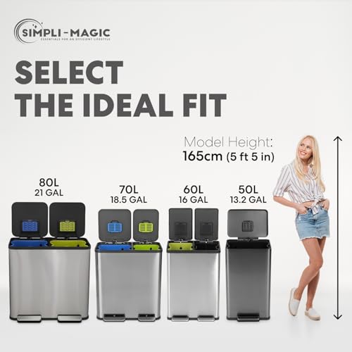 Image of Simpli-Magic 13.2 Gallon (50L) Step Trash Can - Kitchen Garbage Can with Slow-Close Lid - Odor Control, Hands-Free, Easy to Clean, Brushed Stainless Steel