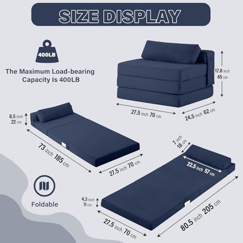Image of Tiita Folding Sofa Bed Chair, 4-Fold Convertible Sleeper Chair with Lumbar Pillow, Washable Cover & Side Pocket, Floor Couch Bed with Raised Seat, Single Size for Small Spaces, Navy
