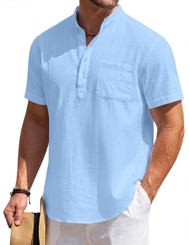 Chemise Henley bleu 3XL en coton et lin COOFANDY à manches courtes