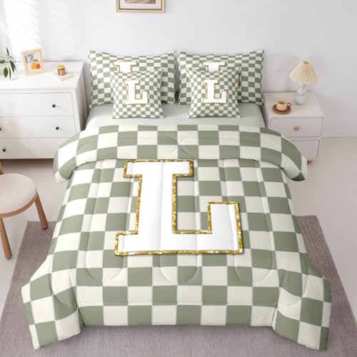 Image of Erosebridal Sage Green Checkered Twin Bed in A Bag 7 Piece Plaid Initial L Comforter Set with Sheets Personalized Monogram Bedding Sets for Kids Adults,Fashion Grids Gingham Bed Set