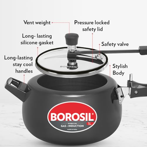 Borosil 5 L Pronto Hard Anodised Cooker | 3S Aluminium | Gas Stove & Induction Compatible | 5 Years Warranty' - Image 4