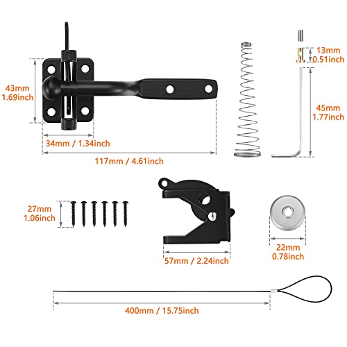 Self-Locking Gate Latch,Automatic Gravity Lever Door Latches,2-1/8" Single Sided Wood Fence Latch,With Longer Fasteners Pull String,For Garden Kennels Secure Pool Steel,Black Coated #TOP2