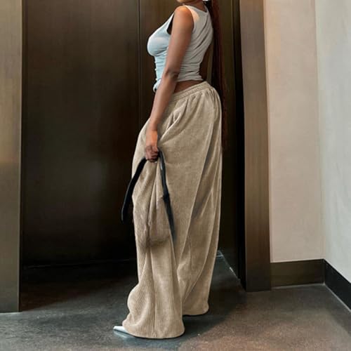 Monkay Women's Corduroy Pants Y2k Vintage Wide Leg Pants Mid Waist Elastic Waist Loose Fit Straight Pockets Trousers2