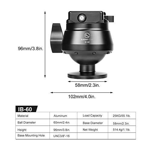 SUNWAYFOTO IB-60 60 mm odwrócona głowica kulowa do statywu myśliwskiego, obciążenie 25 kg