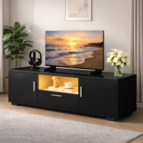 SPRKLINLIN Modern TV Stand for 55 Inch TV – Black Entertainment Center with LED Lights & Spacious Storage Cabinets, Sturdy Media Console for Family Living Room or Bedroom