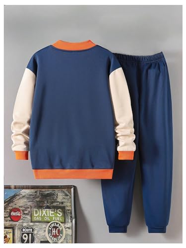 Image of SweatyRocks Boy's 2 Piece Outfits Letter Graphic Colorblock Bomber Jacket and Jogger Sweatpants Set Blue 10Y