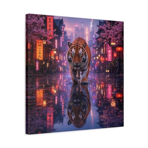 Impression tigre néon rose tableau décoration murale salon design toile pop art 50x50