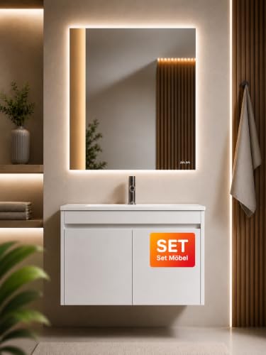 AM.PM Spike – Ensemble Meuble Salle de Bain 60 cm | Meuble sous lavabo Suspendu, Vasque & Miroir LED | 2 tiroirs Soft-Close | Miroir antibuée, éclairage LED dimmable, capteur sans Contact | Blanc