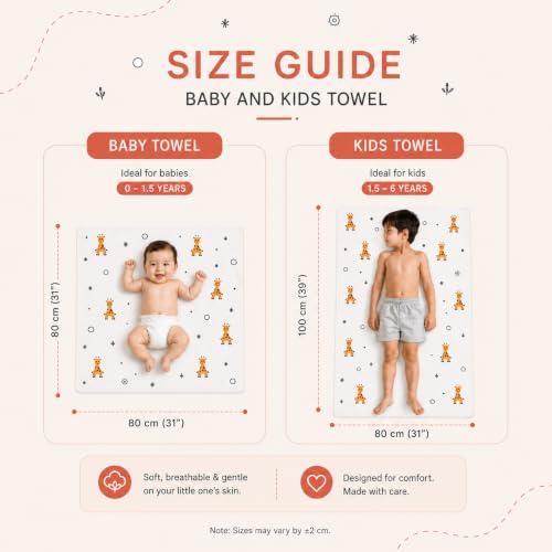 Image of HABER Organic Cotton Muslin Baby Bath Towel 70x100 Pack of 2, Gentle Towel for Infants & Toddlers - Animals & Fruits