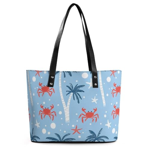 Crab Starfish Palm Tree Polka Dots Women's Leather Handbag Shoulder Bag Tote Purse Bags for Shopping Travel