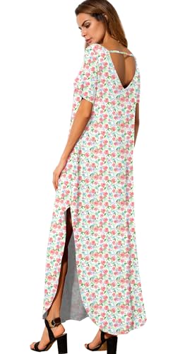 Image of GRECERELLE Women's Summer Maxi Dress Casual Loose V Neck Short Sleeve Side Split Long Dresses with Functional Pockets